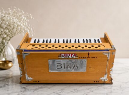 BINA Harmonium with Double Tongues, 3.5 Octaves, 9 Stops, 4 Additional Tones, Multi Bellows, Organ Tuning, Full Cover, Brass Nickel Plated Buttons, Glass Frame on Buttons, with Padded Carry Case